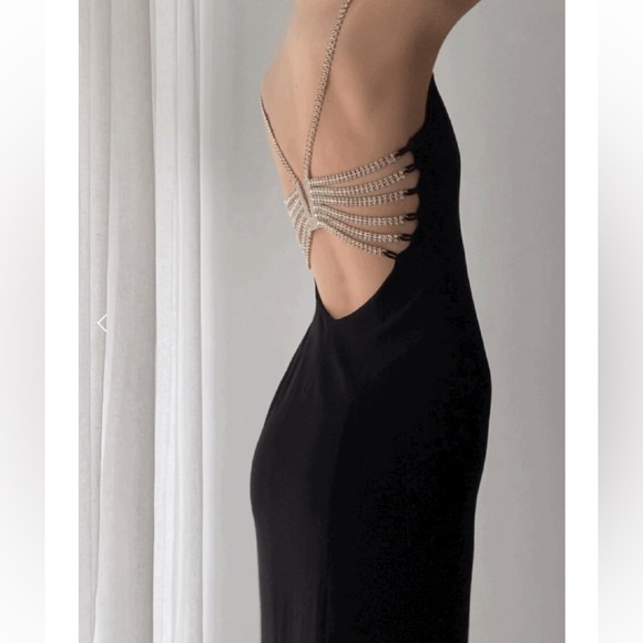 Vintage 90’s Dress Metal Diamond Rhinestone Backless Dress Maxi Black Slip Prom - Picture 15 of 17